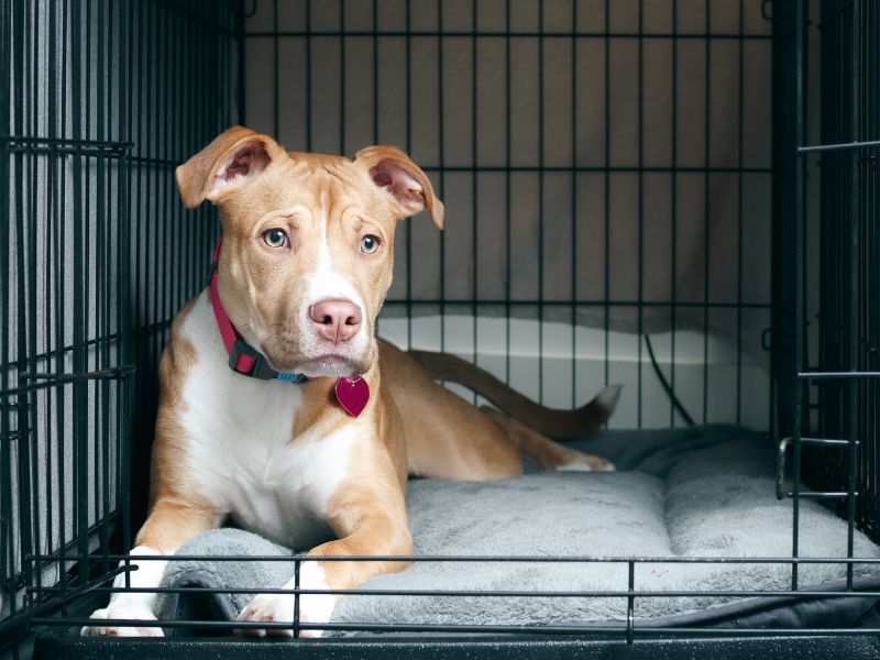 A tan dog with white markings lies on a gray bed inside a kennel.